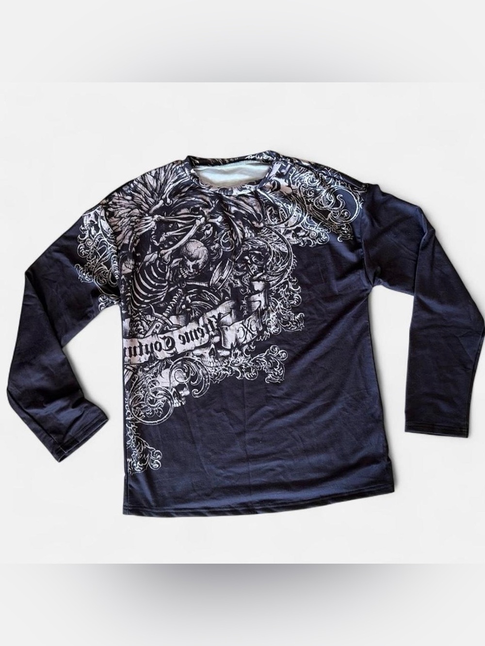 Black Graphic Long Sleeve Shirt with White Skull Design